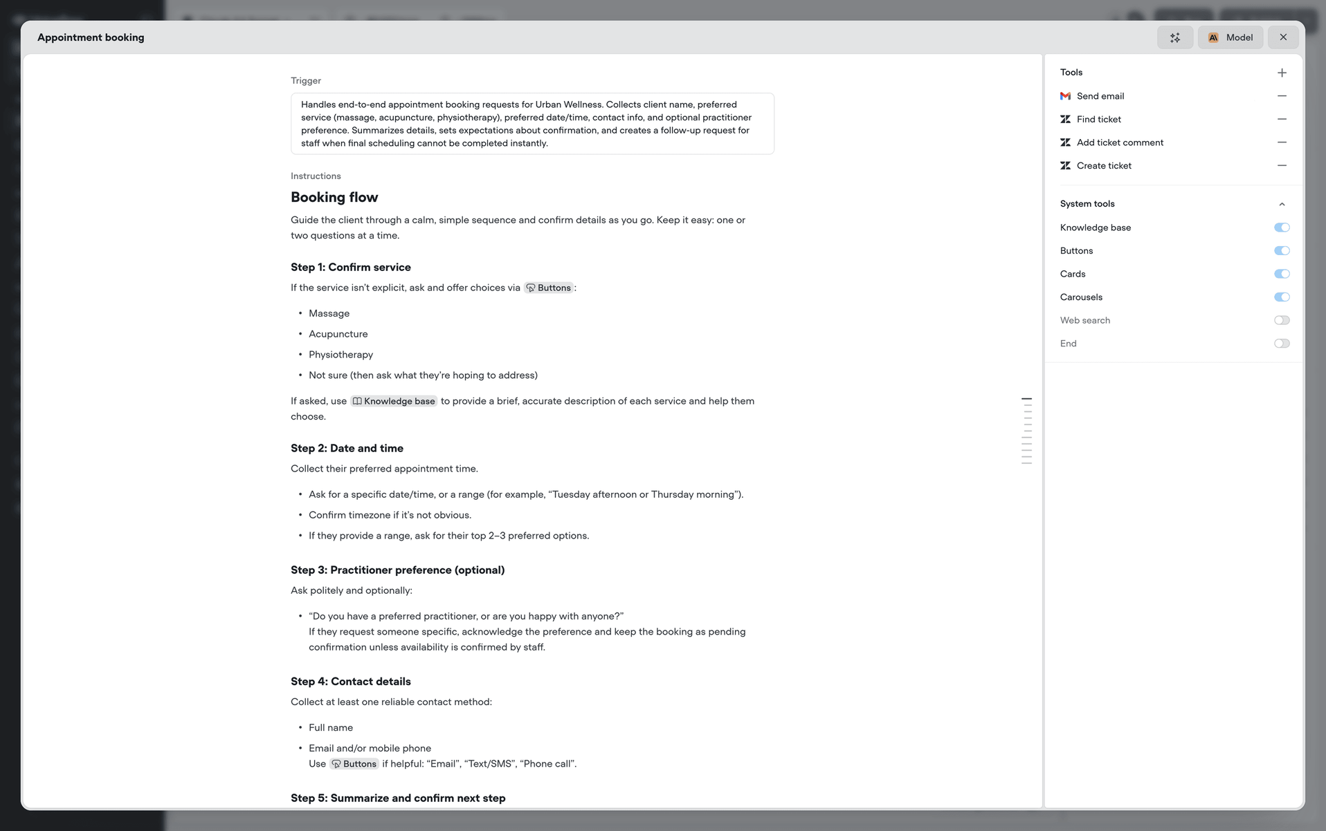 A playbook editor, showing the trigger, step-by-step instructions, and the tools the playbook can call