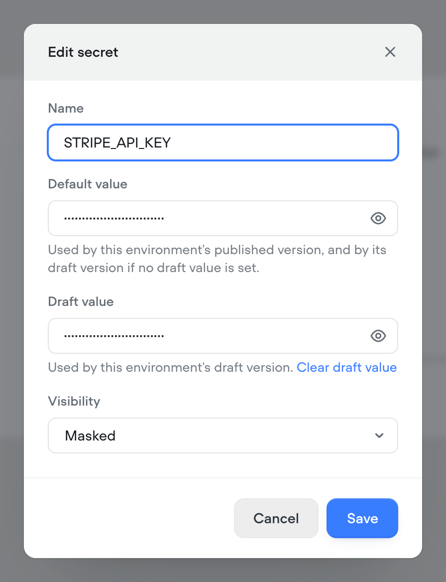 The Edit secret dialog, with a default value and a draft value