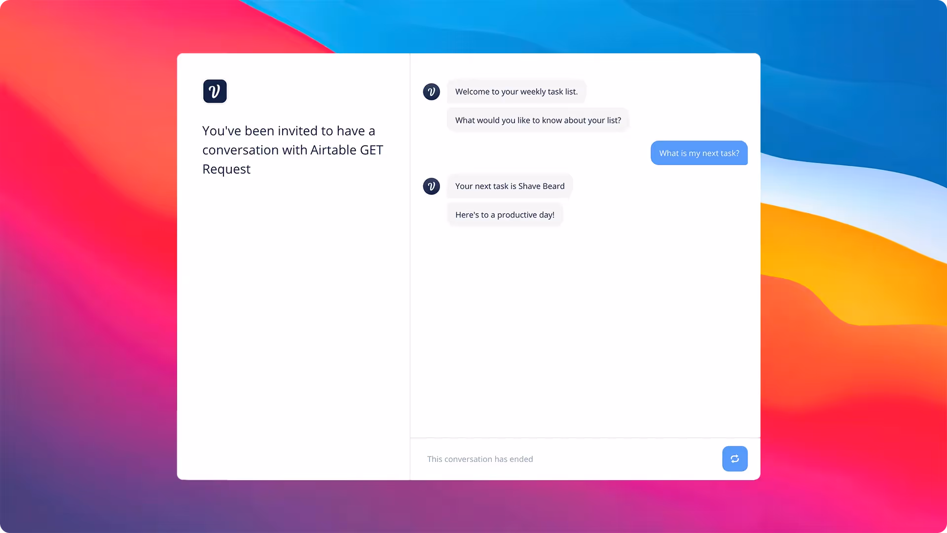 Prototype experience of assistant pulling data from Airtable