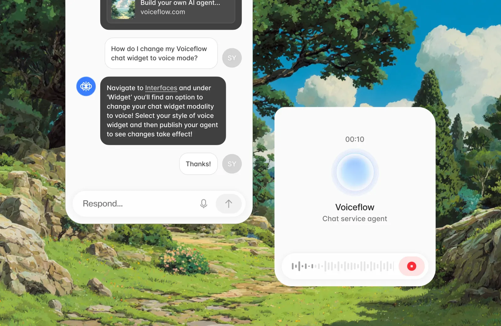 Green natural landscape background with rocks and trees behind a chat widget showing a conversation about changing to voice mode, and a voice recording interface with a timer at 00:10 for Voiceflow chat service agent.