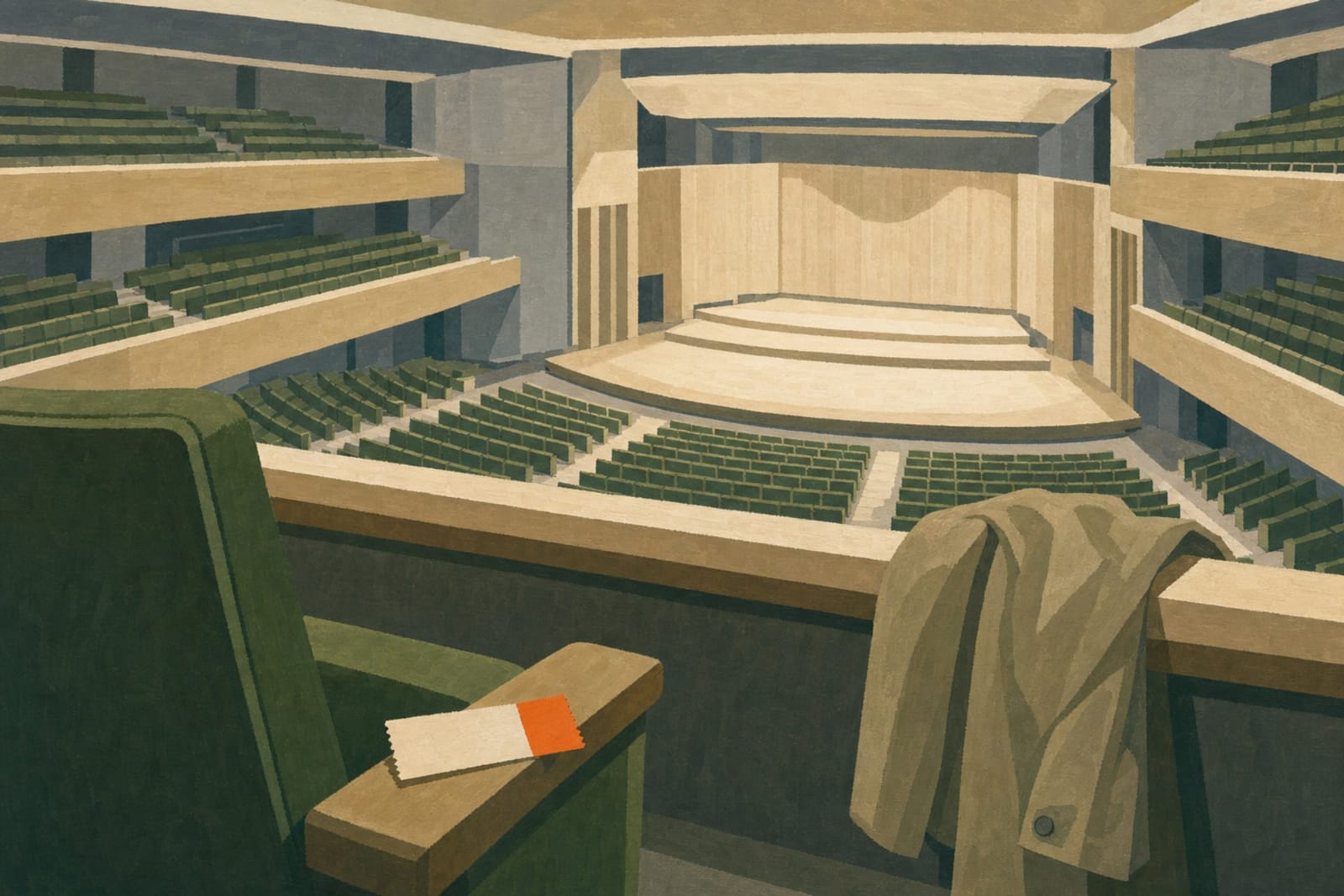 Painted concert hall from the balcony: an empty seat with a ticket on the armrest, the stage waiting below