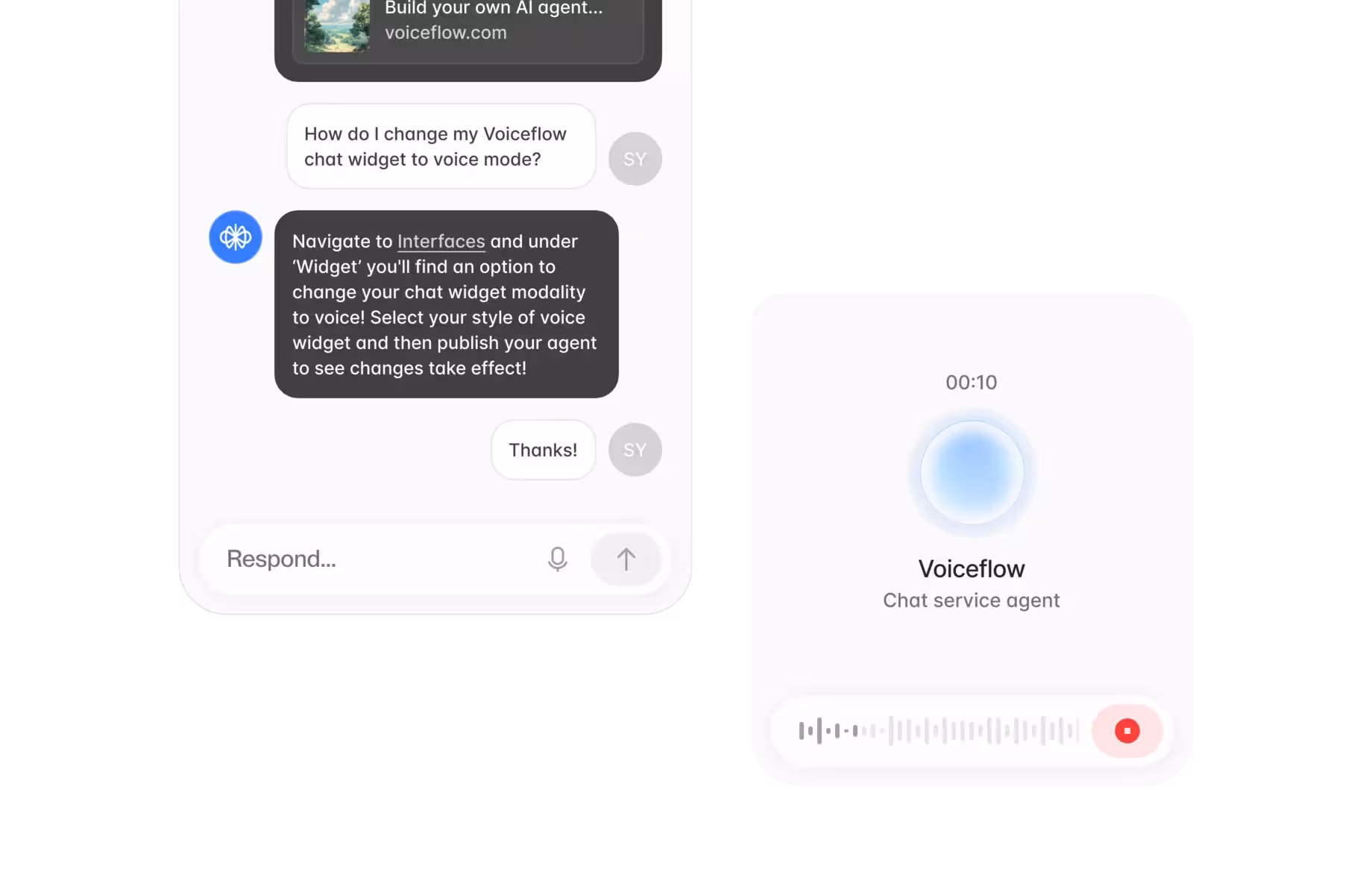 Chat interface showing a user asking how to change Voiceflow chat widget to voice mode with a response explaining to navigate to Interfaces under Widget to change the chat widget modality to voice, alongside a voice recording screen displaying 'Voiceflow Chat service agent' with a timer and stop button.
