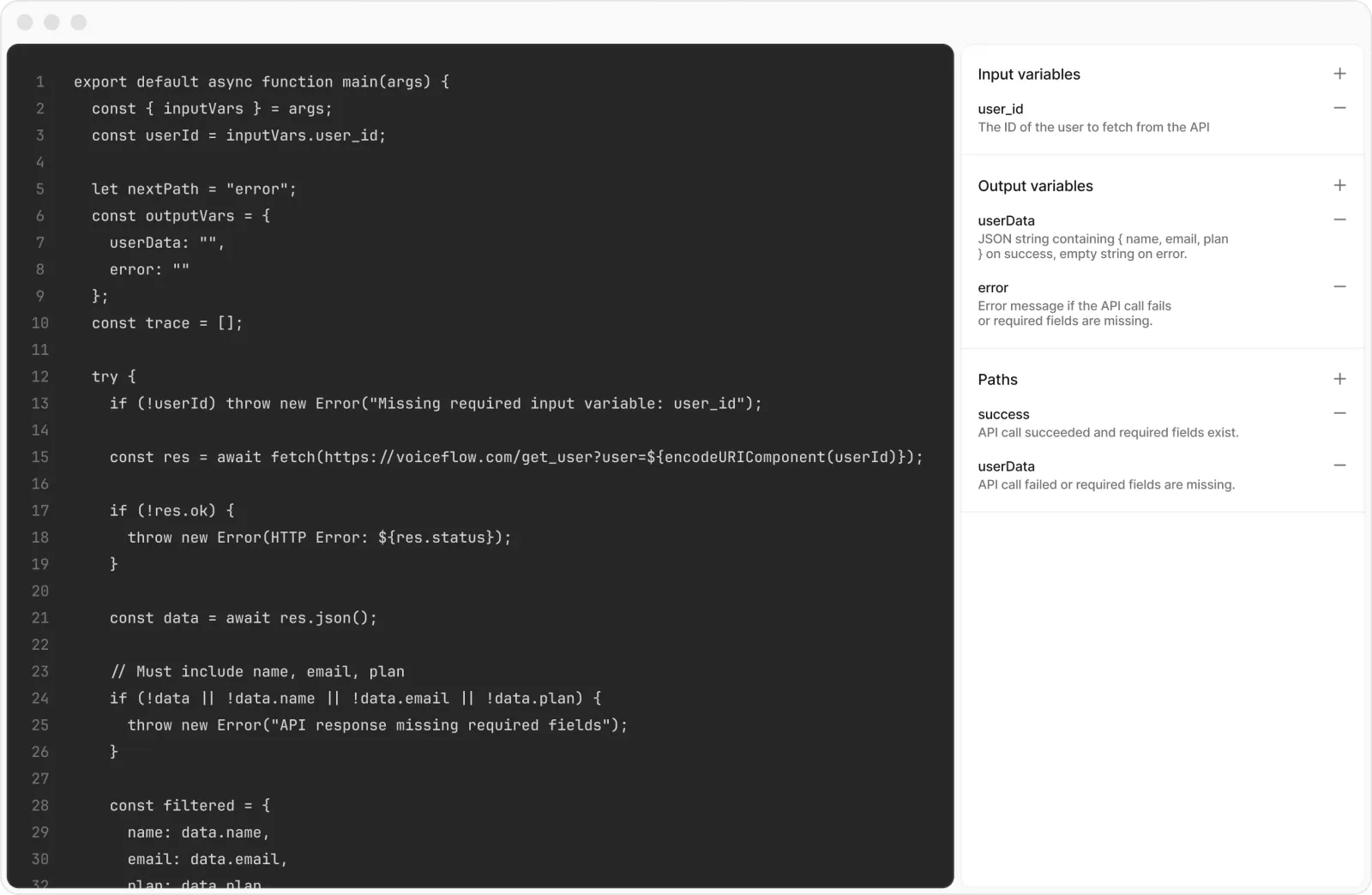 Voiceflow agent calling an external API to fetch customer data during a conversation.