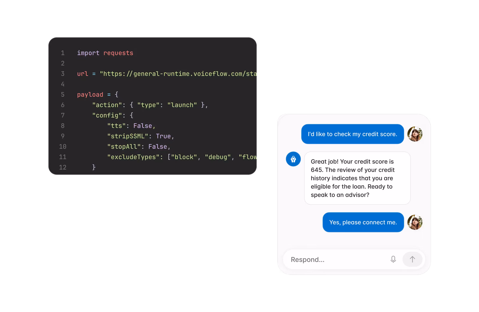 Python code snippet showing a payload configuration for a URL request, next to a chatbot conversation about checking a credit score rated 645 and eligibility for a loan.
